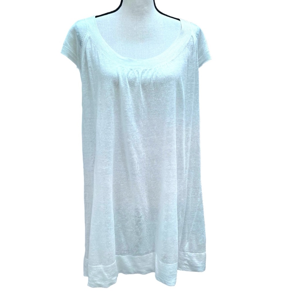 DKNY WHITE KNIT 100% LINEN CAP SLEEVE LOOSE FIT TUNIC
